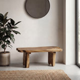 Arvyn 35.4" Handcrafted Rustic Minimalist Live Edge Solid Teak Wood Entryway Bench