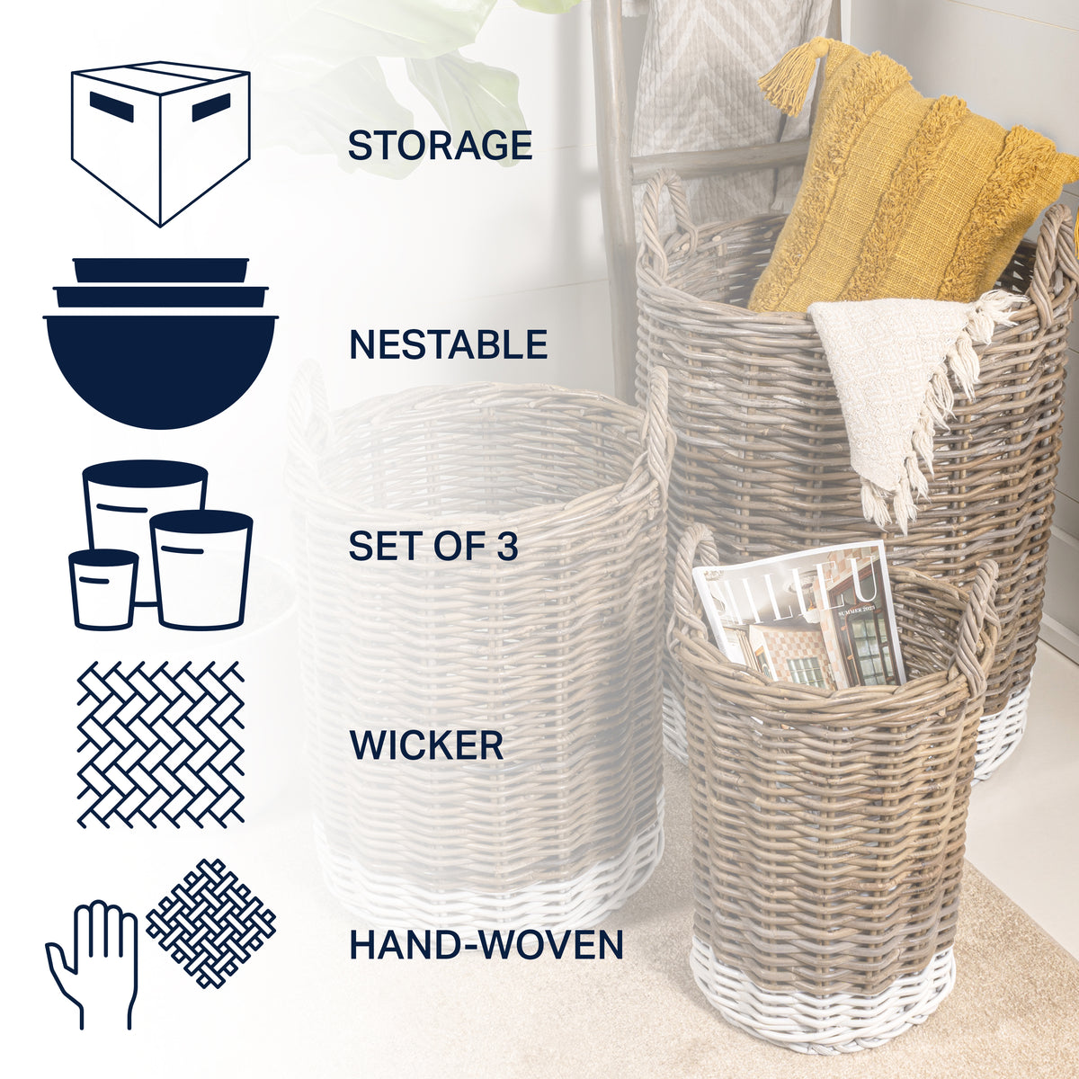 Ternion Cottage Hand-Woven Rattan Nesting Baskets with Handles