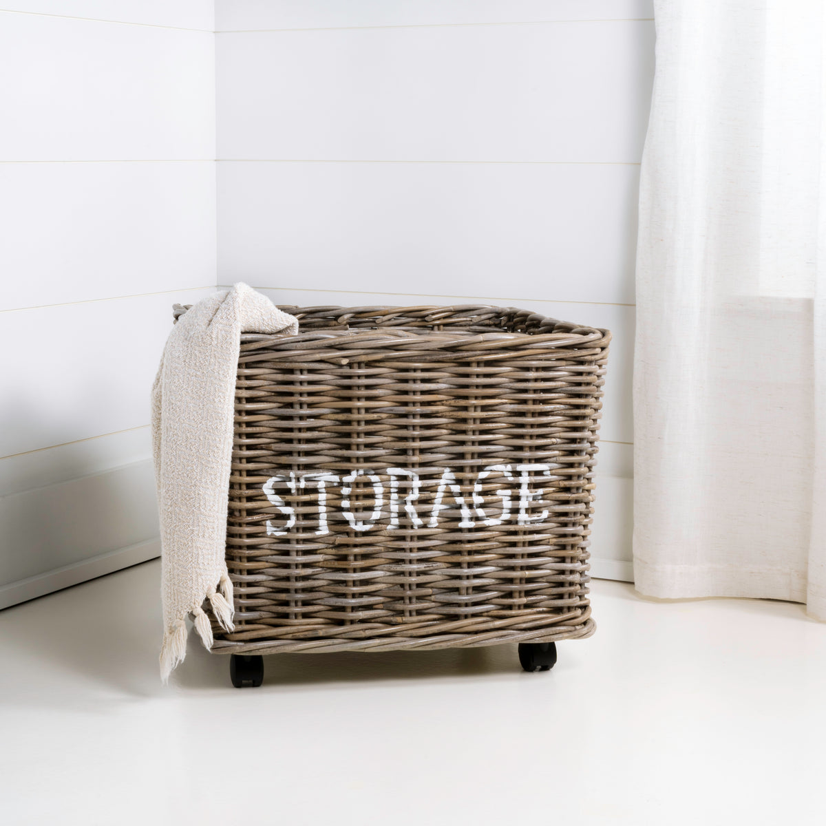 Yael Coastal Hand-Woven "STORAGE" Rattan Basket with Wheels and Handles