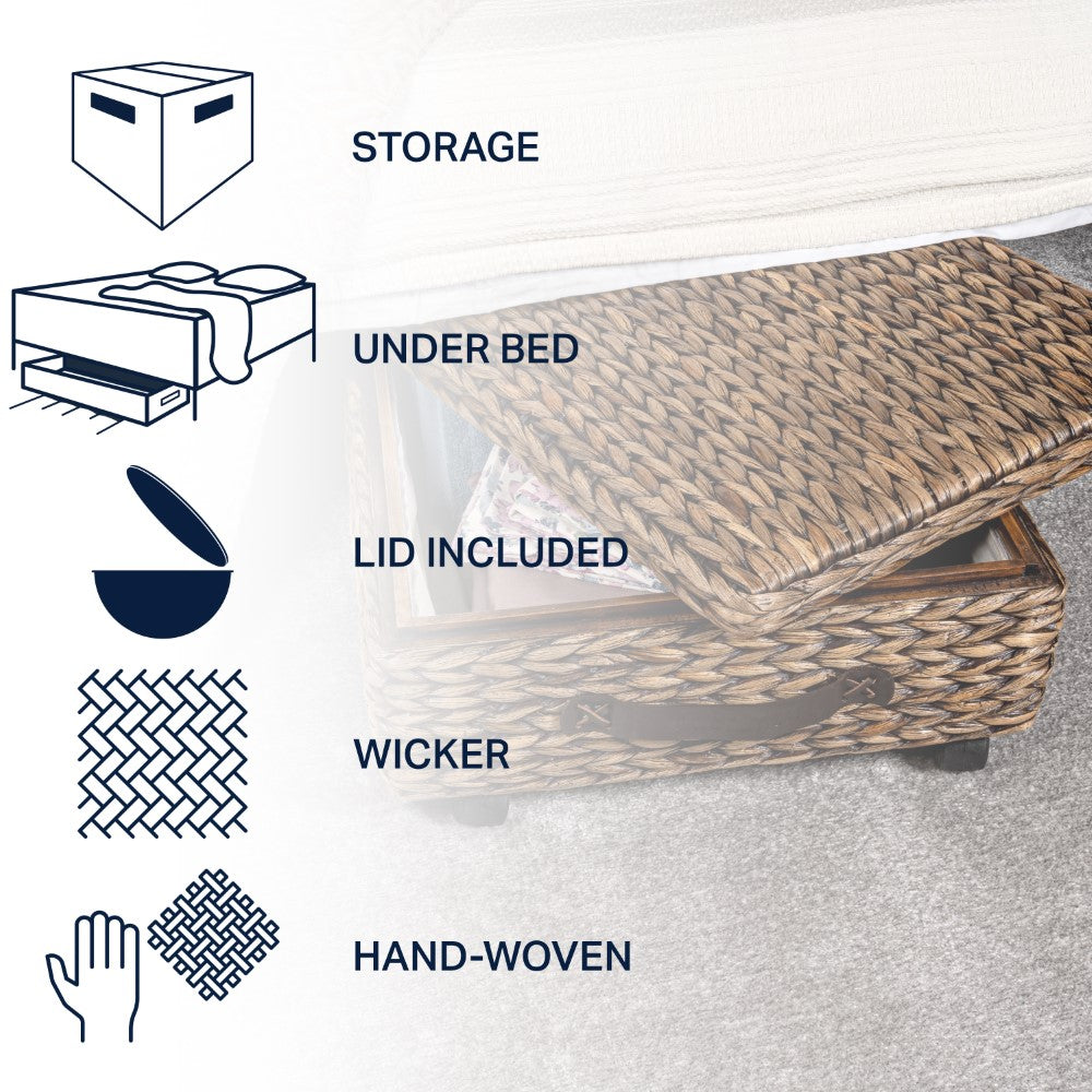 Chett Minimalist Hand-Woven Hyacinth/Wood Underbed Storage Bin with Wheels and Handles