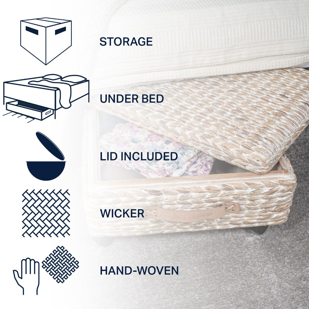 Chett Minimalist Hand-Woven Hyacinth/Wood Underbed Storage Bin with Wheels and Handles