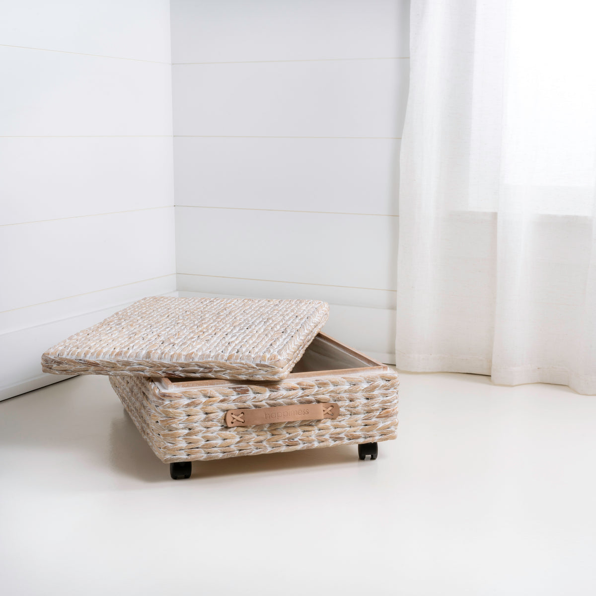 Chett Minimalist Hand-Woven Hyacinth/Wood Underbed Storage Bin with Wheels and Handles