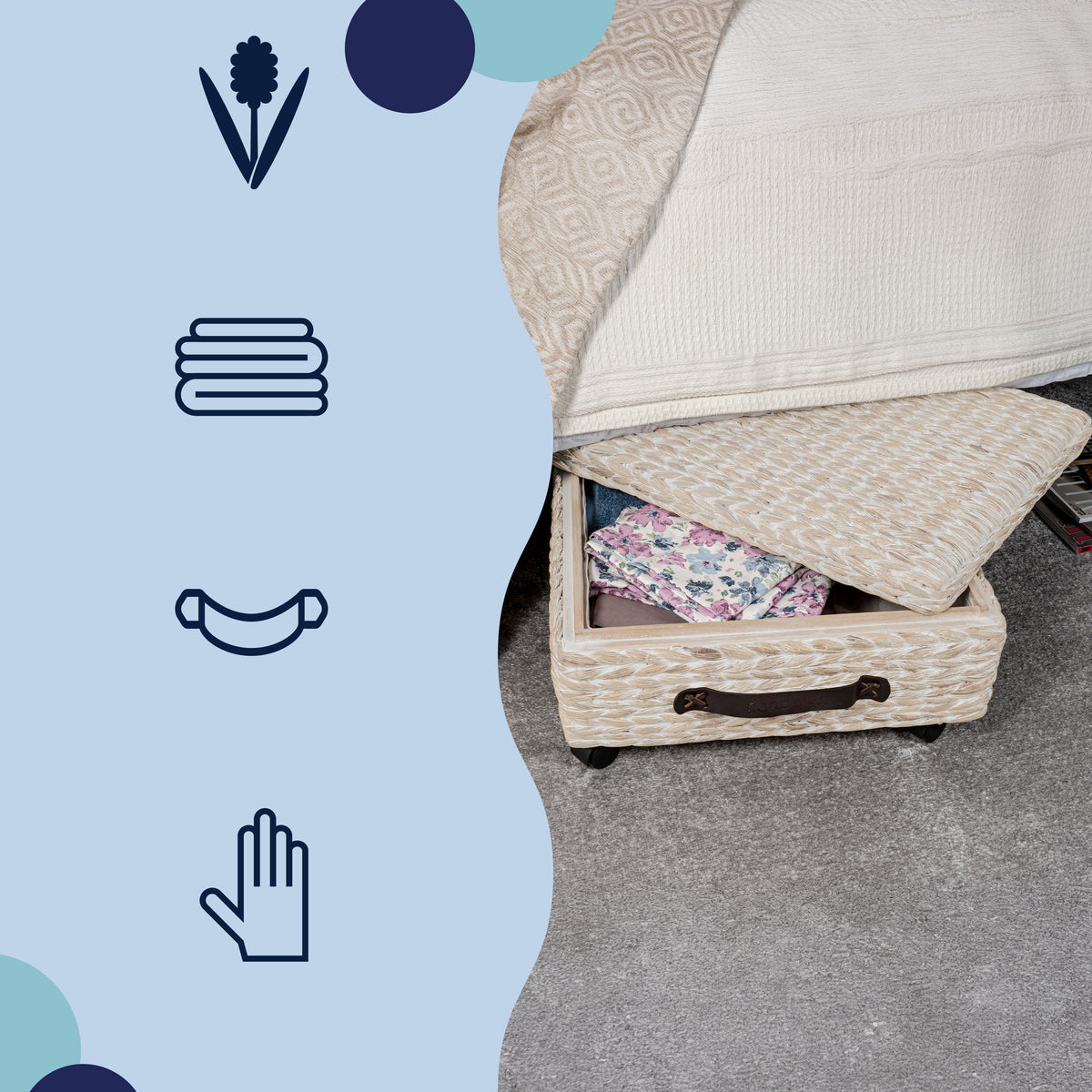 Chett Minimalist Hand-Woven Hyacinth/Wood Underbed Storage Bin with Wheels and Handles