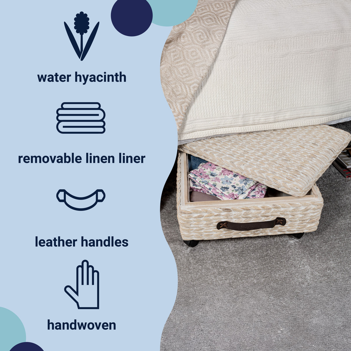 Chett Minimalist Hand-Woven Hyacinth/Wood Underbed Storage Bin with Wheels and Handles