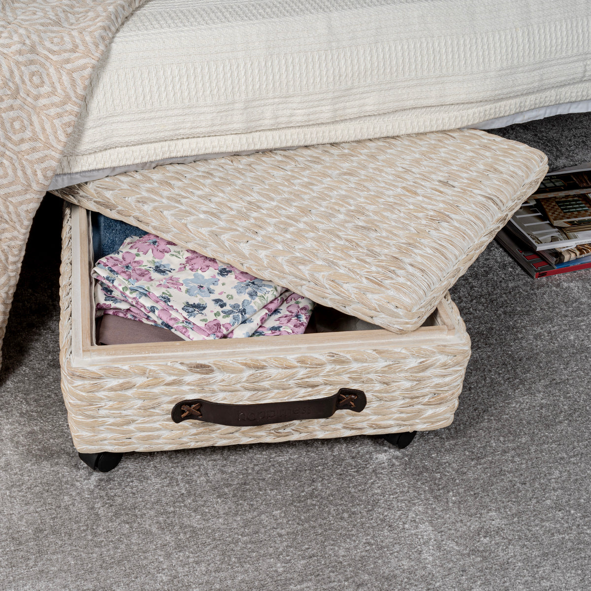 Chett Minimalist Hand-Woven Hyacinth/Wood Underbed Storage Bin with Wheels and Handles