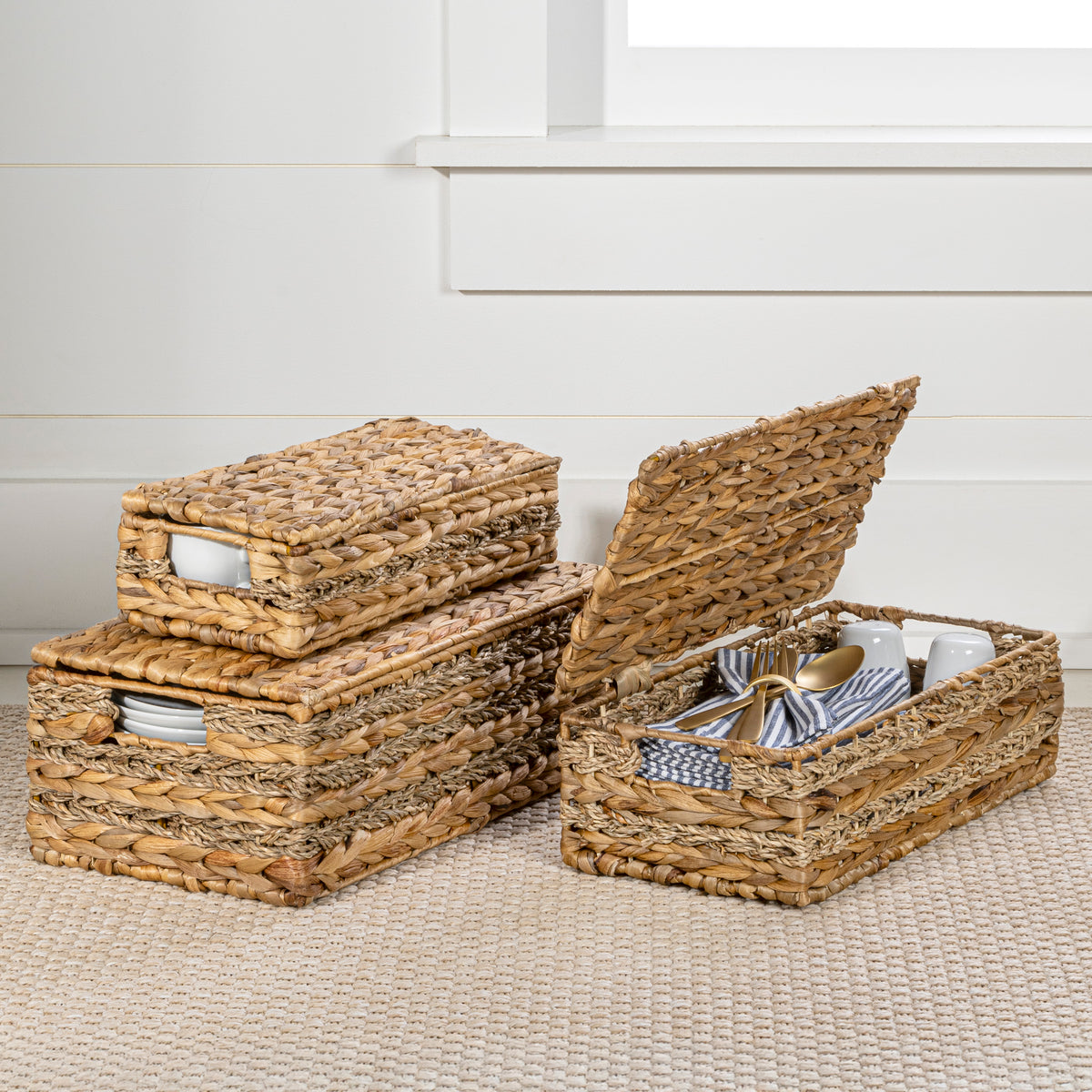 Cedar Classic Farmhouse Handwoven Hyacinth Storage Baskets with Handles and Lids