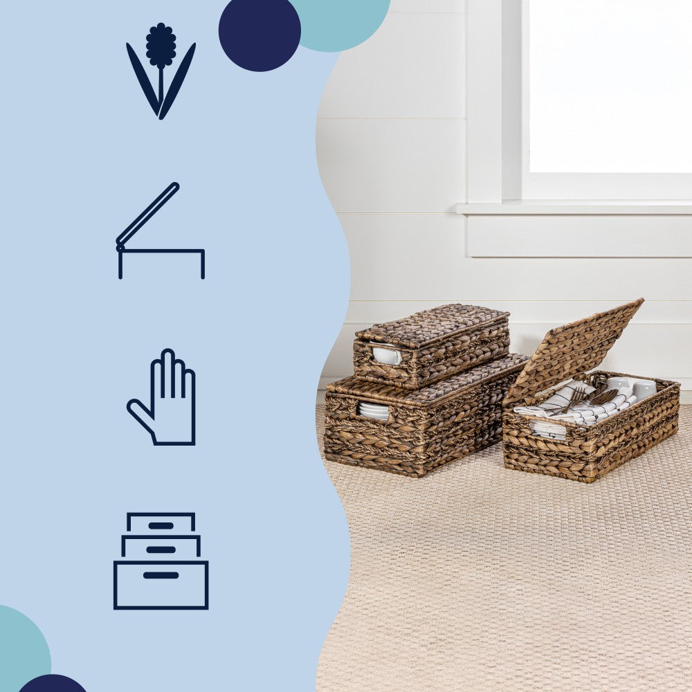 Cedar Classic Farmhouse Handwoven Hyacinth Storage Baskets with Handles and Lids