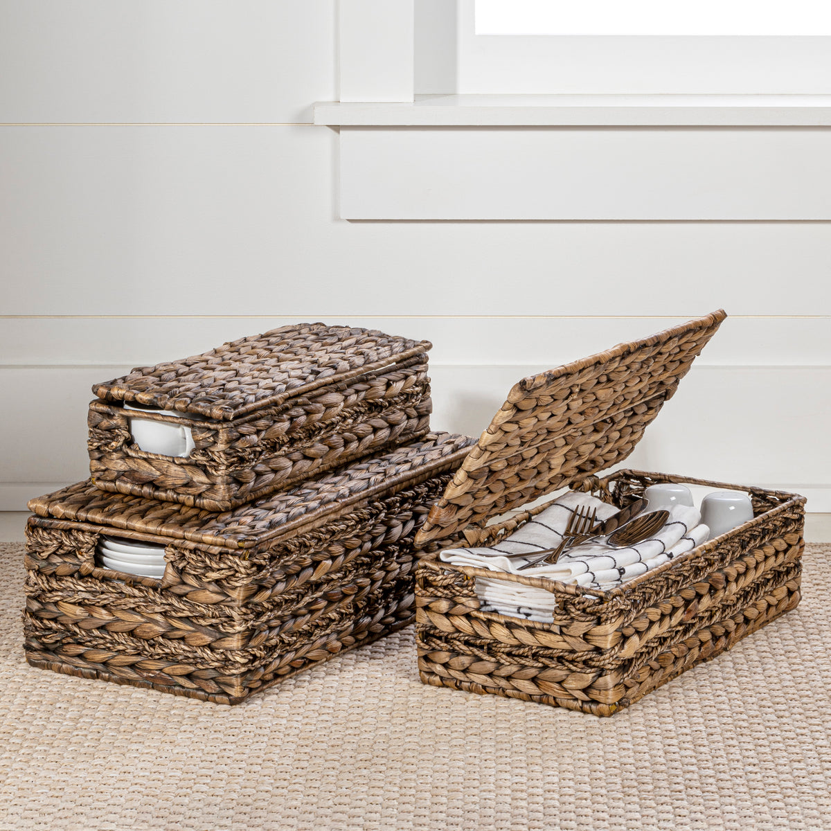 Cedar Classic Farmhouse Handwoven Hyacinth Storage Baskets with Handles and Lids
