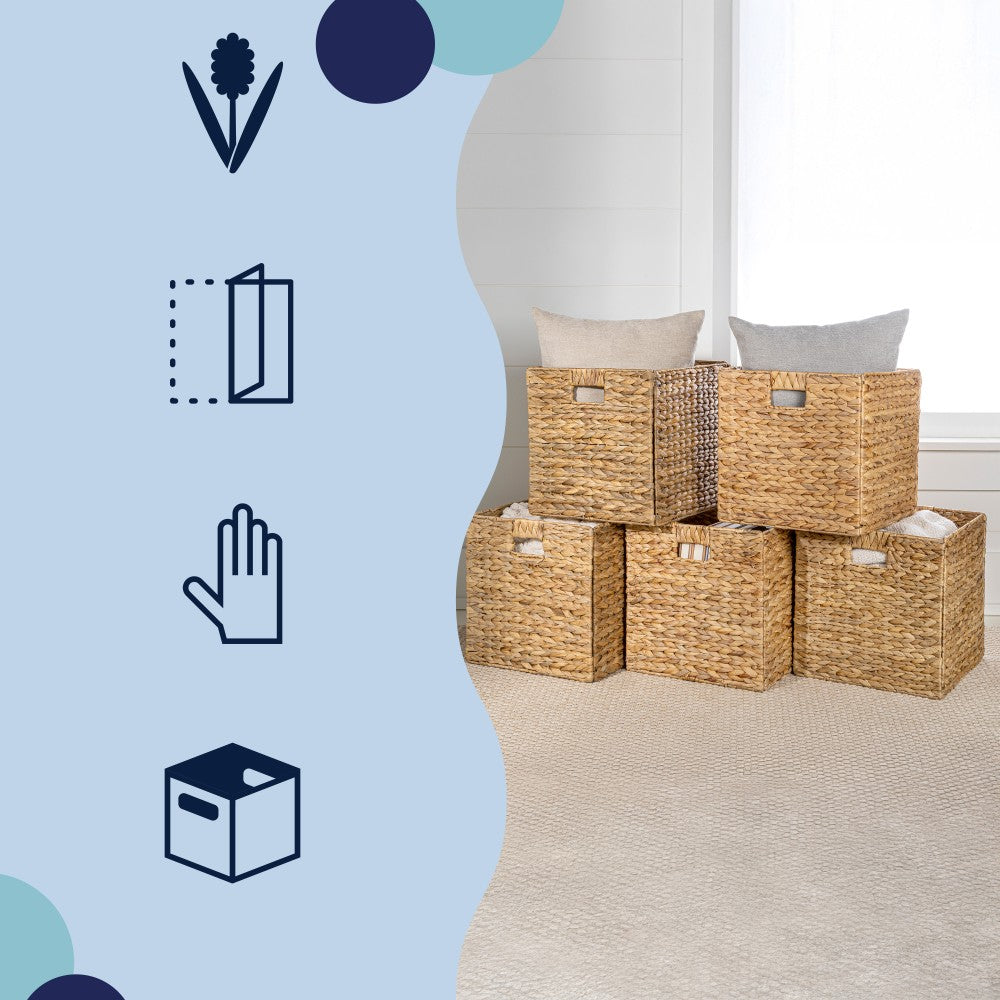 Fern Classic Farmhouse Handwoven Hyacinth Collapsible Storage Cube Baskets with Handles