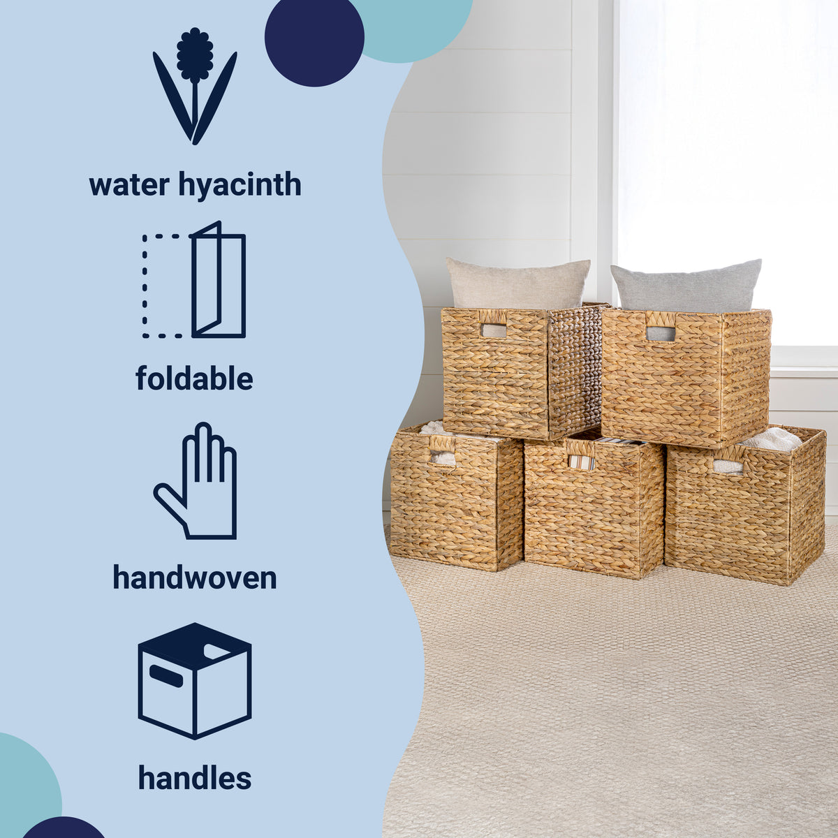 Fern Classic Farmhouse Handwoven Hyacinth Collapsible Storage Cube Baskets with Handles