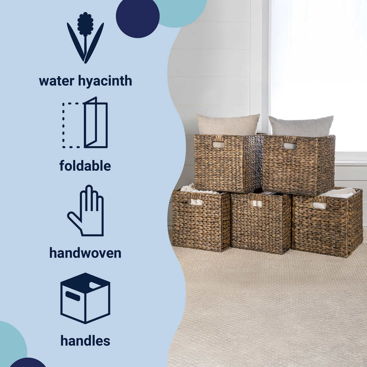 Fern Classic Farmhouse Handwoven Hyacinth Collapsible Storage Cube Baskets with Handles