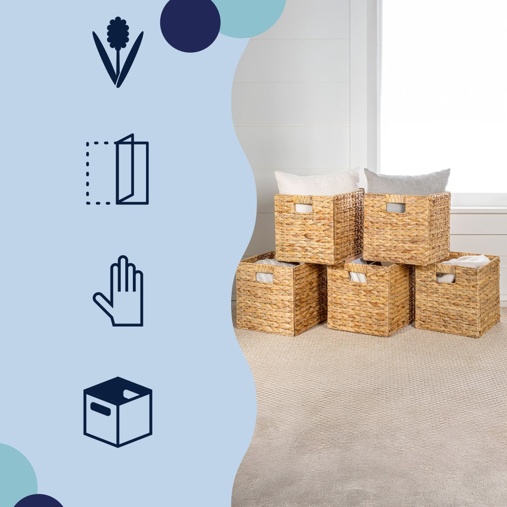 Fern Classic Farmhouse Handwoven Hyacinth Collapsible Storage Cube Baskets with Handles