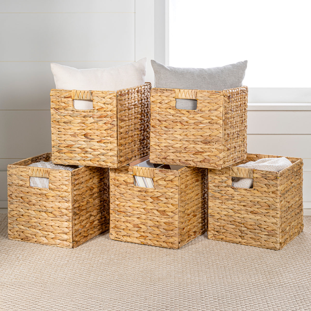 Fern Classic Farmhouse Handwoven Hyacinth Collapsible Storage Cube Baskets with Handles