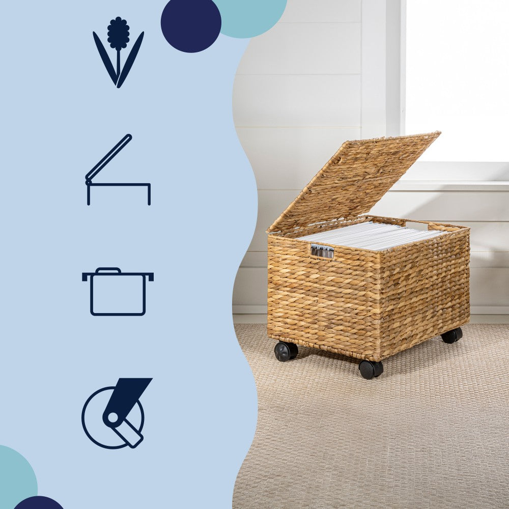 Snow 18.11" Classic Farmhouse Handwoven Hyacinth Rolling Filing Basket with Lid and 360 Degree Lockable Wheels