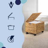 Snow 18.11" Classic Farmhouse Handwoven Hyacinth Rolling Filing Basket with Lid and 360 Degree Lockable Wheels
