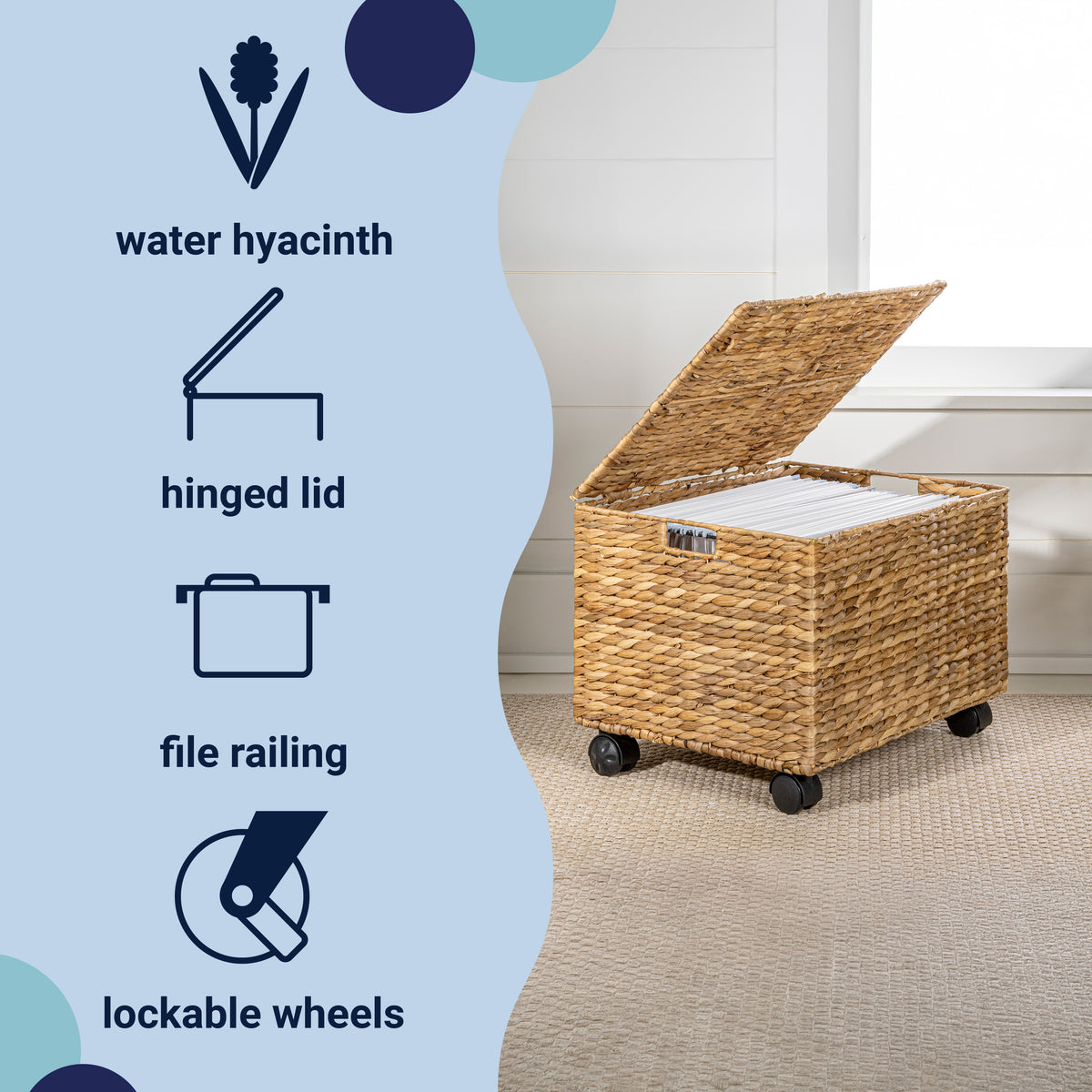 Snow 18.11" Classic Farmhouse Handwoven Hyacinth Rolling Filing Basket with Lid and 360 Degree Lockable Wheels