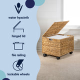 Snow 18.11" Classic Farmhouse Handwoven Hyacinth Rolling Filing Basket with Lid and 360 Degree Lockable Wheels