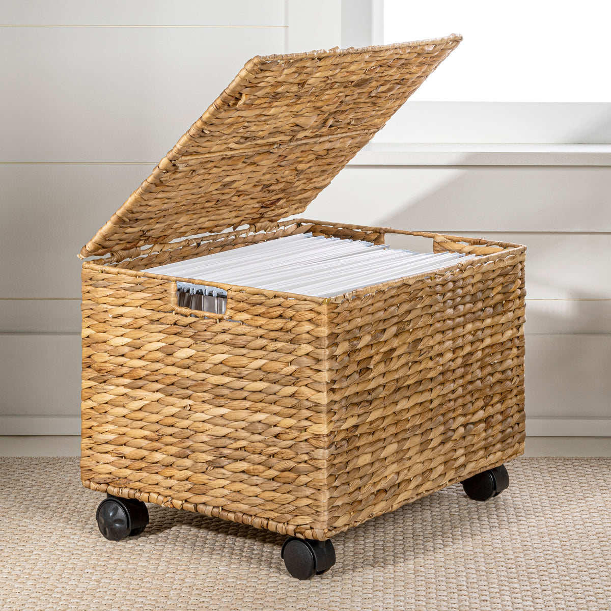 Snow 18.11" Classic Farmhouse Handwoven Hyacinth Rolling Filing Basket with Lid and 360 Degree Lockable Wheels