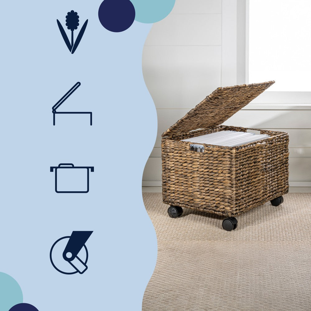 Snow 18.11" Classic Farmhouse Handwoven Hyacinth Rolling Filing Basket with Lid and 360 Degree Lockable Wheels