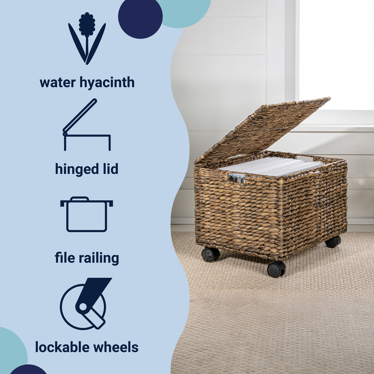 Snow 18.11" Classic Farmhouse Handwoven Hyacinth Rolling Filing Basket with Lid and 360 Degree Lockable Wheels