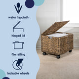 Snow 18.11" Classic Farmhouse Handwoven Hyacinth Rolling Filing Basket with Lid and 360 Degree Lockable Wheels