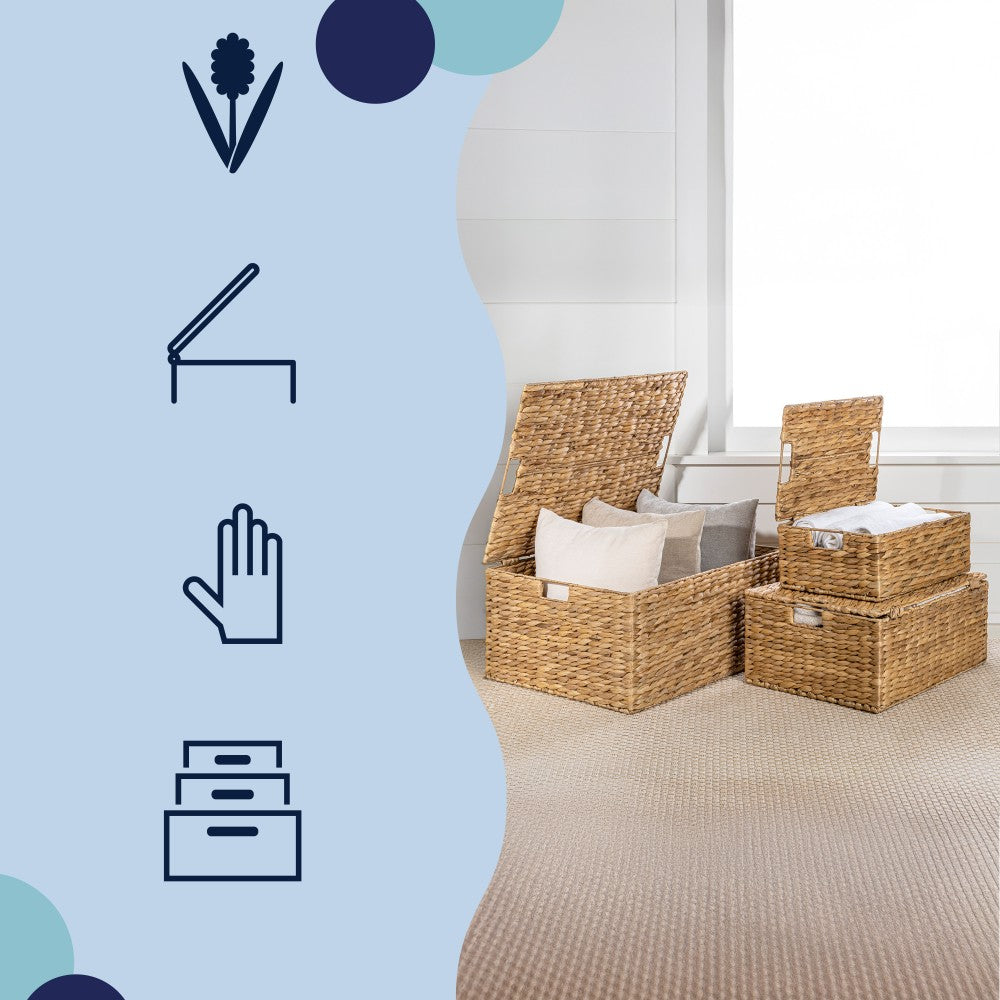 Ram Classic Farmhouse Woven Hyacinth Rectangular Storage Baskets with Lids and Handles