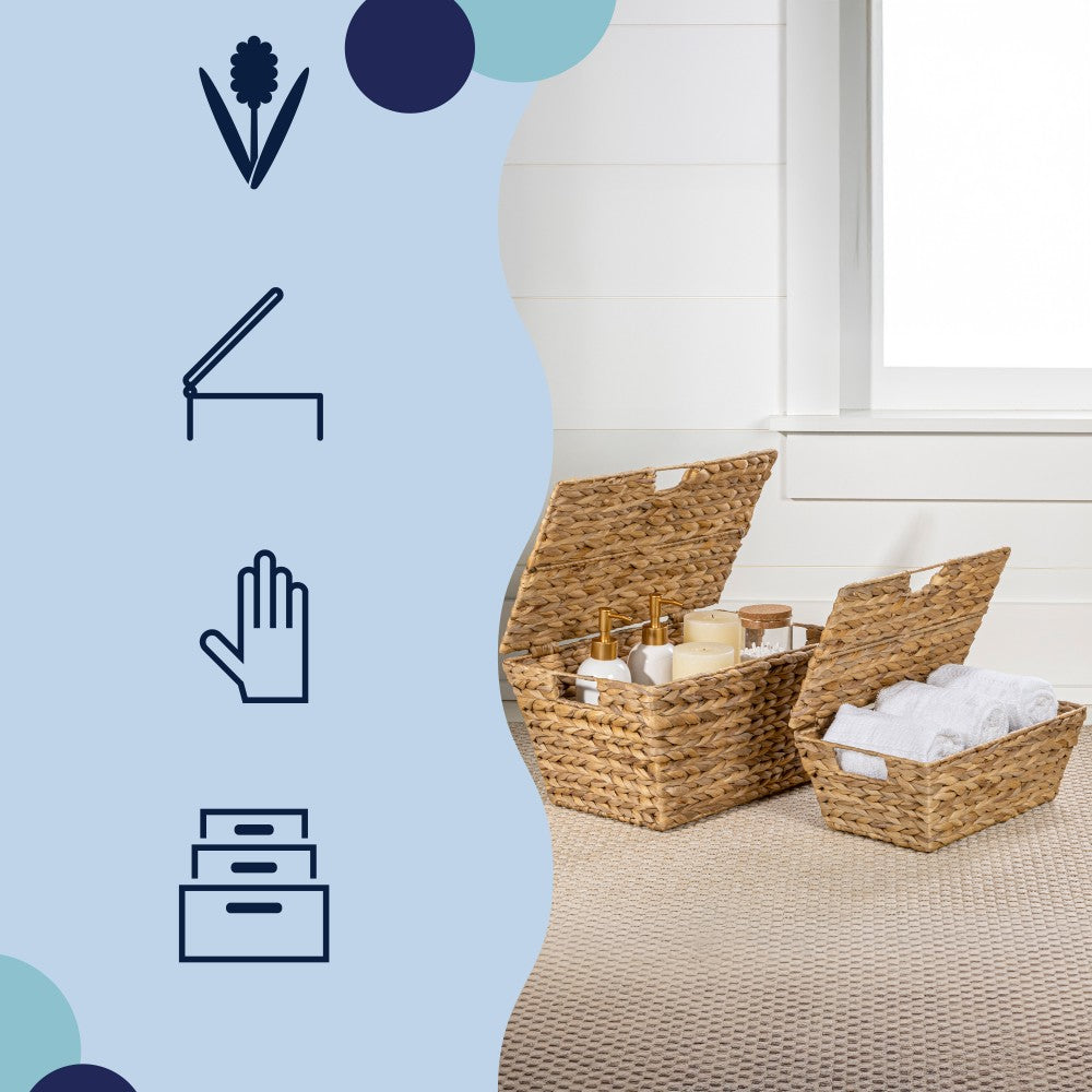 Blaze Classic Farmhouse Woven Hyacinth Rectangular Storage Baskets with Lids and Handles