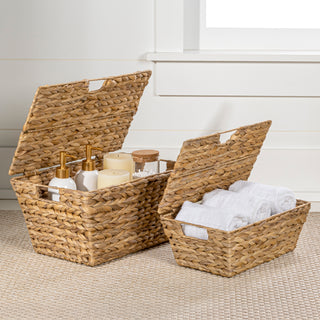 Blaze Classic Farmhouse Woven Hyacinth Rectangular Storage Baskets with Lids and Handles