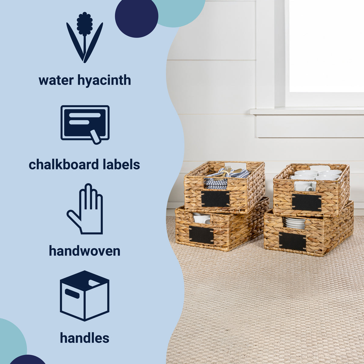 Ginger 12" Classic Farmhouse Handwoven Hyacinth Pantry Baskets with Chalkboard Labels and Handles