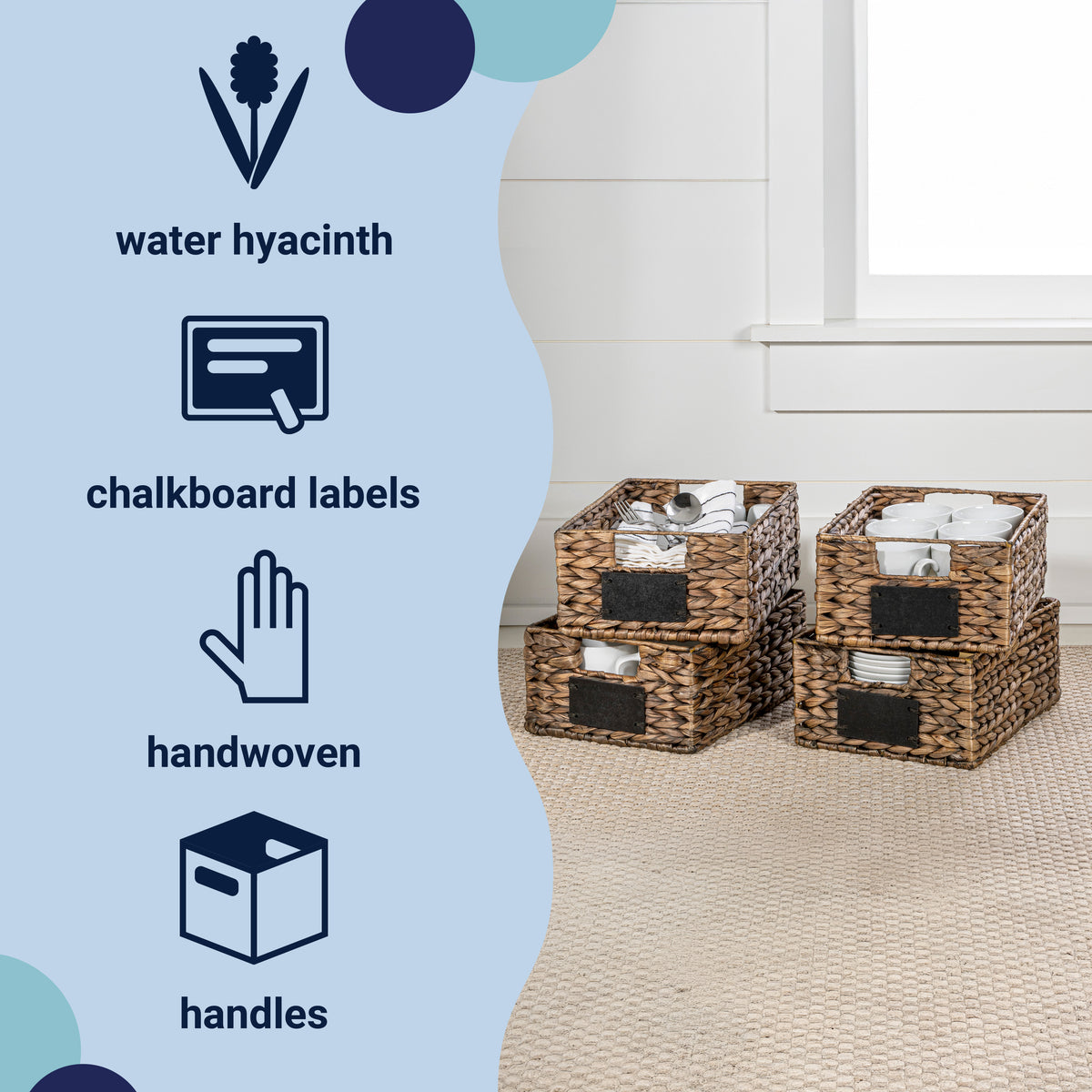 Ginger 12" Classic Farmhouse Handwoven Hyacinth Pantry Baskets with Chalkboard Labels and Handles