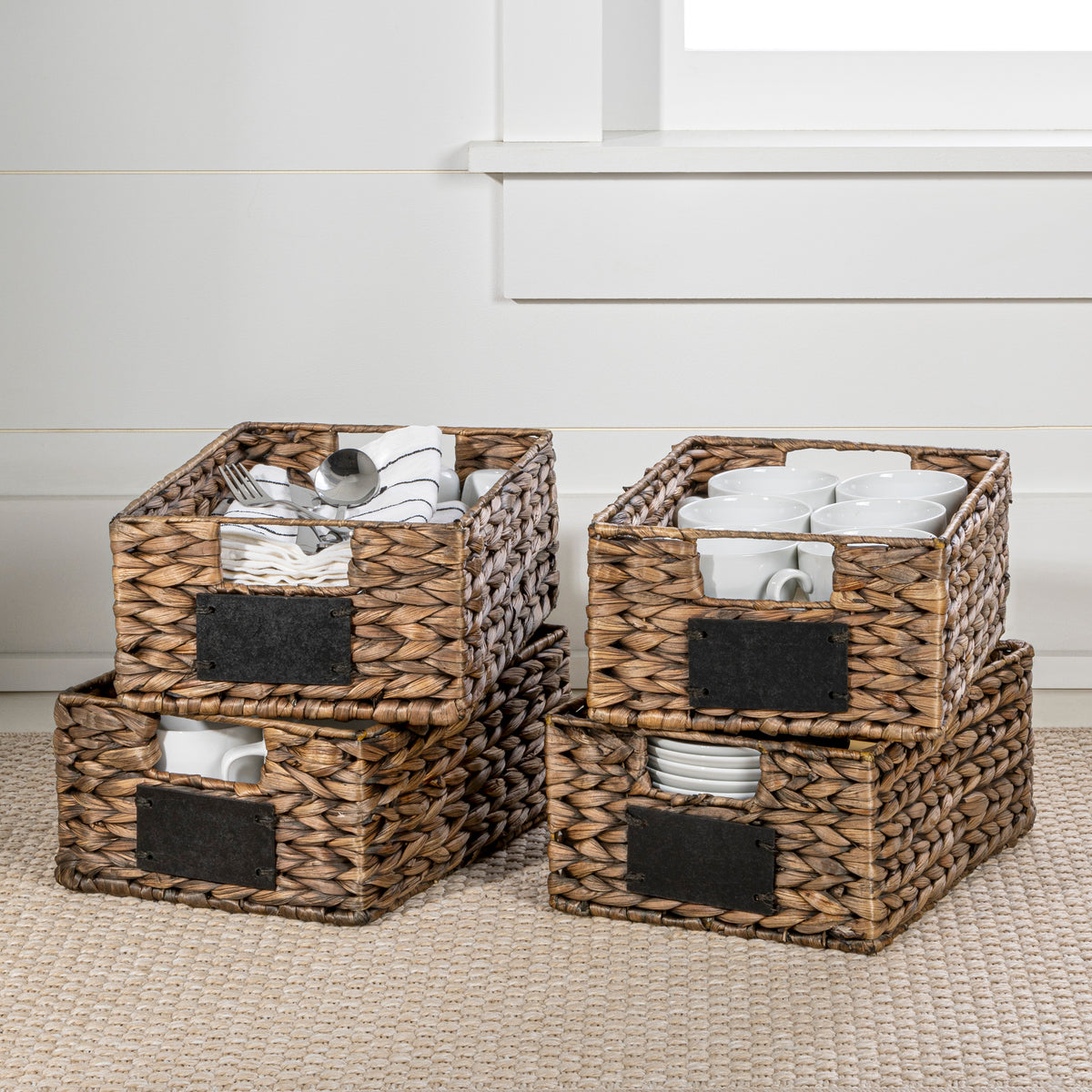 Ginger 12" Classic Farmhouse Handwoven Hyacinth Pantry Baskets with Chalkboard Labels and Handles