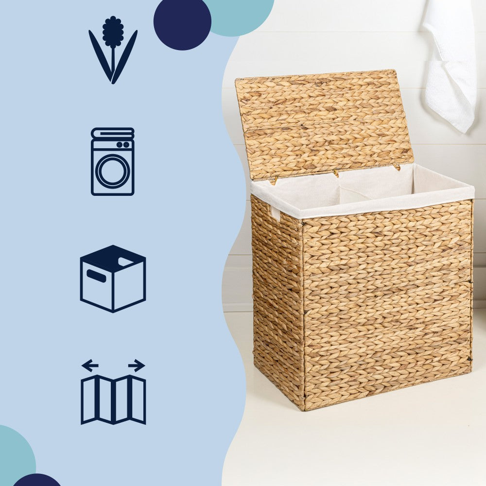 Deer 24" Classic Farmhouse Handwoven Hyacinth 2-Section Collapsible Laundry Hamper with Washable Liner