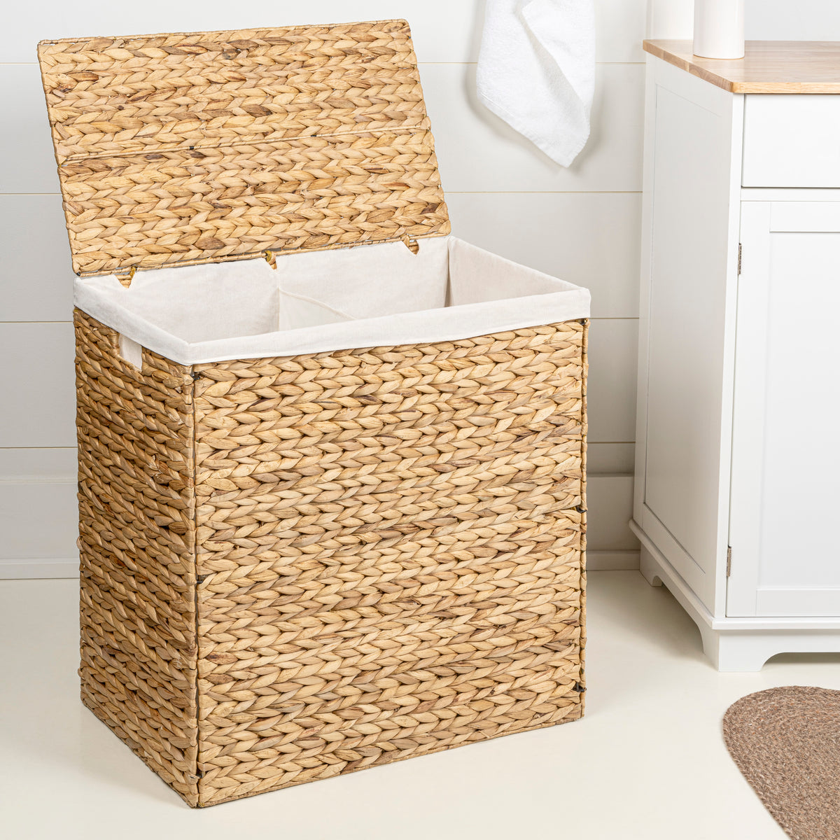 Deer 24" Classic Farmhouse Handwoven Hyacinth 2-Section Collapsible Laundry Hamper with Washable Liner