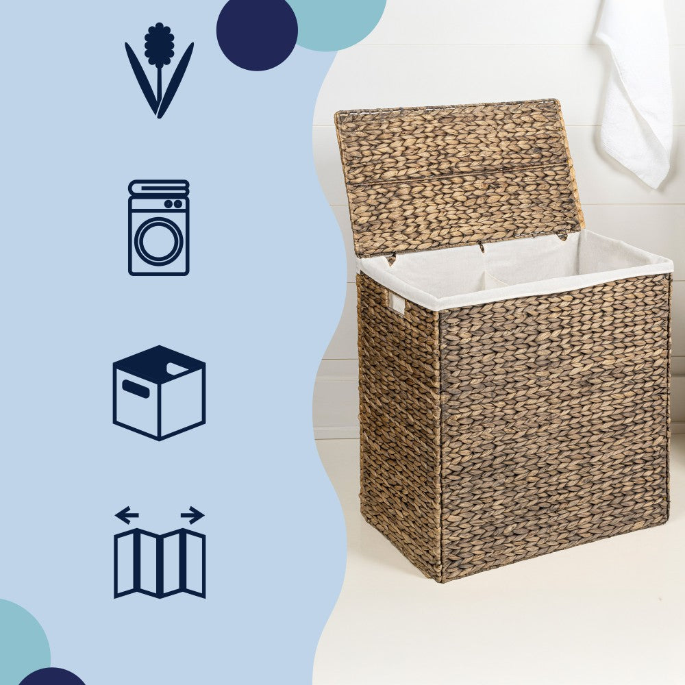 Deer 24" Classic Farmhouse Handwoven Hyacinth 2-Section Collapsible Laundry Hamper with Washable Liner
