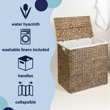 Deer 24" Classic Farmhouse Handwoven Hyacinth 2-Section Collapsible Laundry Hamper with Washable Liner