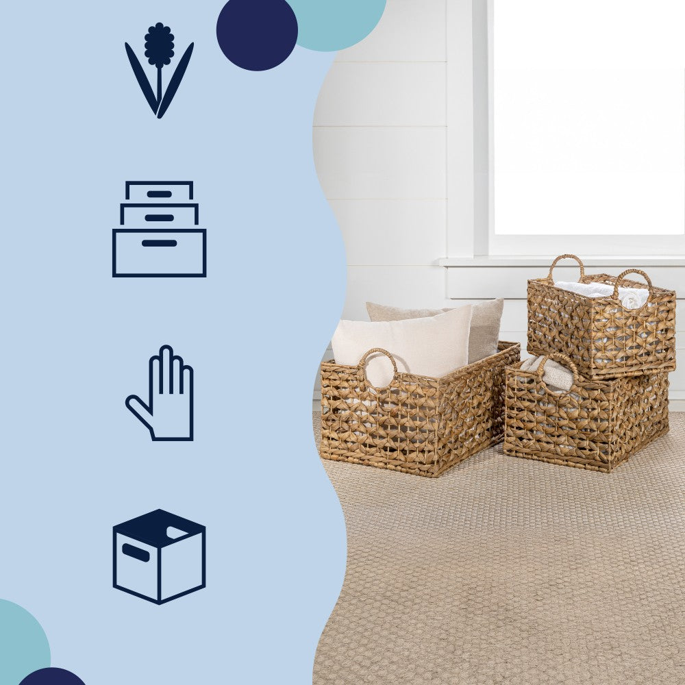Quinn Bohemian Cottage Woven Hyacinth Rectangular Storage Baskets with Handles