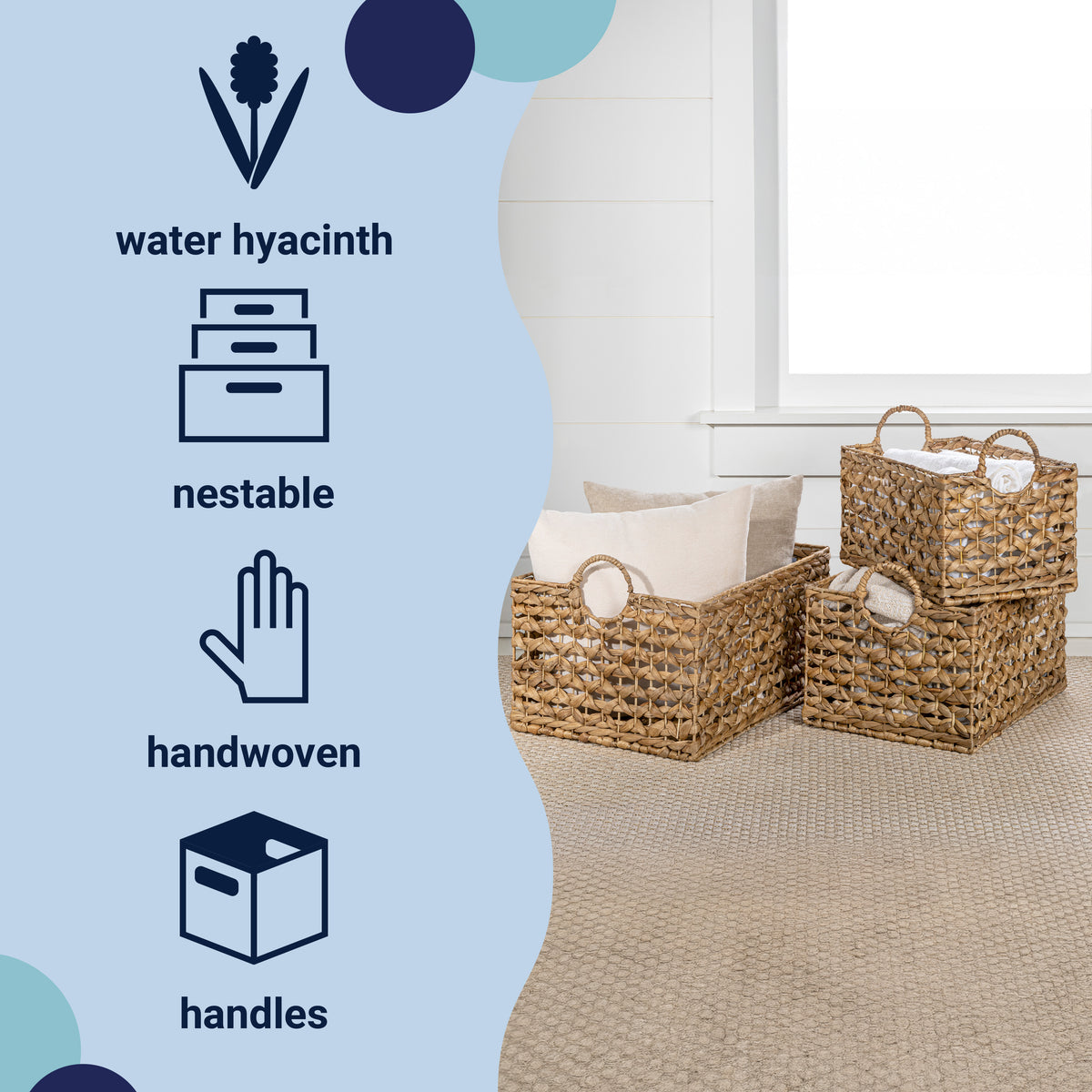 Quinn Bohemian Cottage Woven Hyacinth Rectangular Storage Baskets with Handles