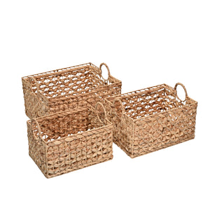 Quinn Bohemian Cottage Woven Hyacinth Rectangular Storage Baskets with Handles