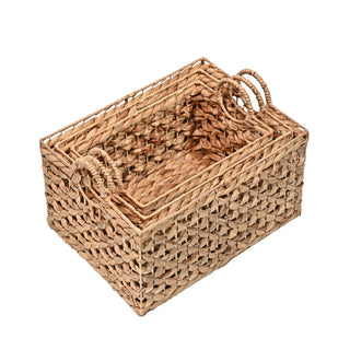 Quinn Bohemian Cottage Woven Hyacinth Rectangular Storage Baskets with Handles