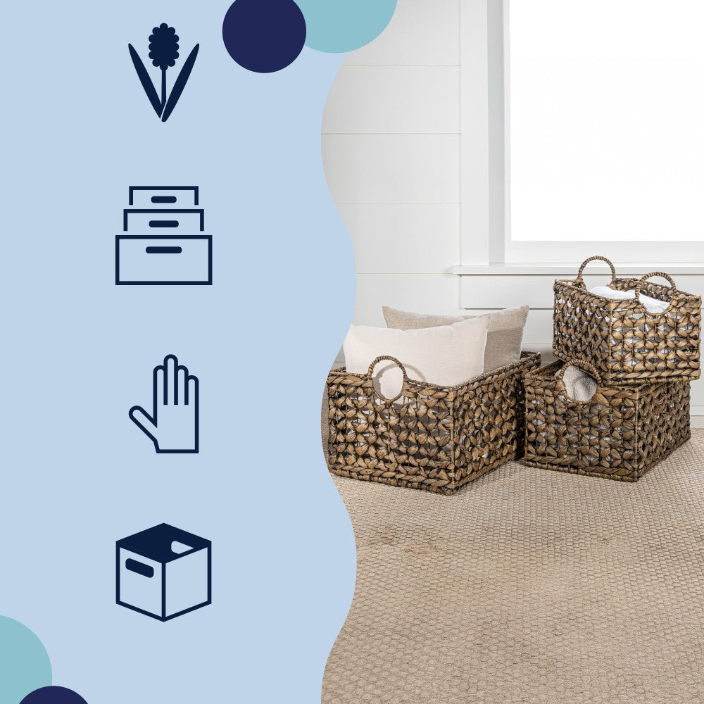 Quinn Bohemian Cottage Woven Hyacinth Rectangular Storage Baskets with Handles