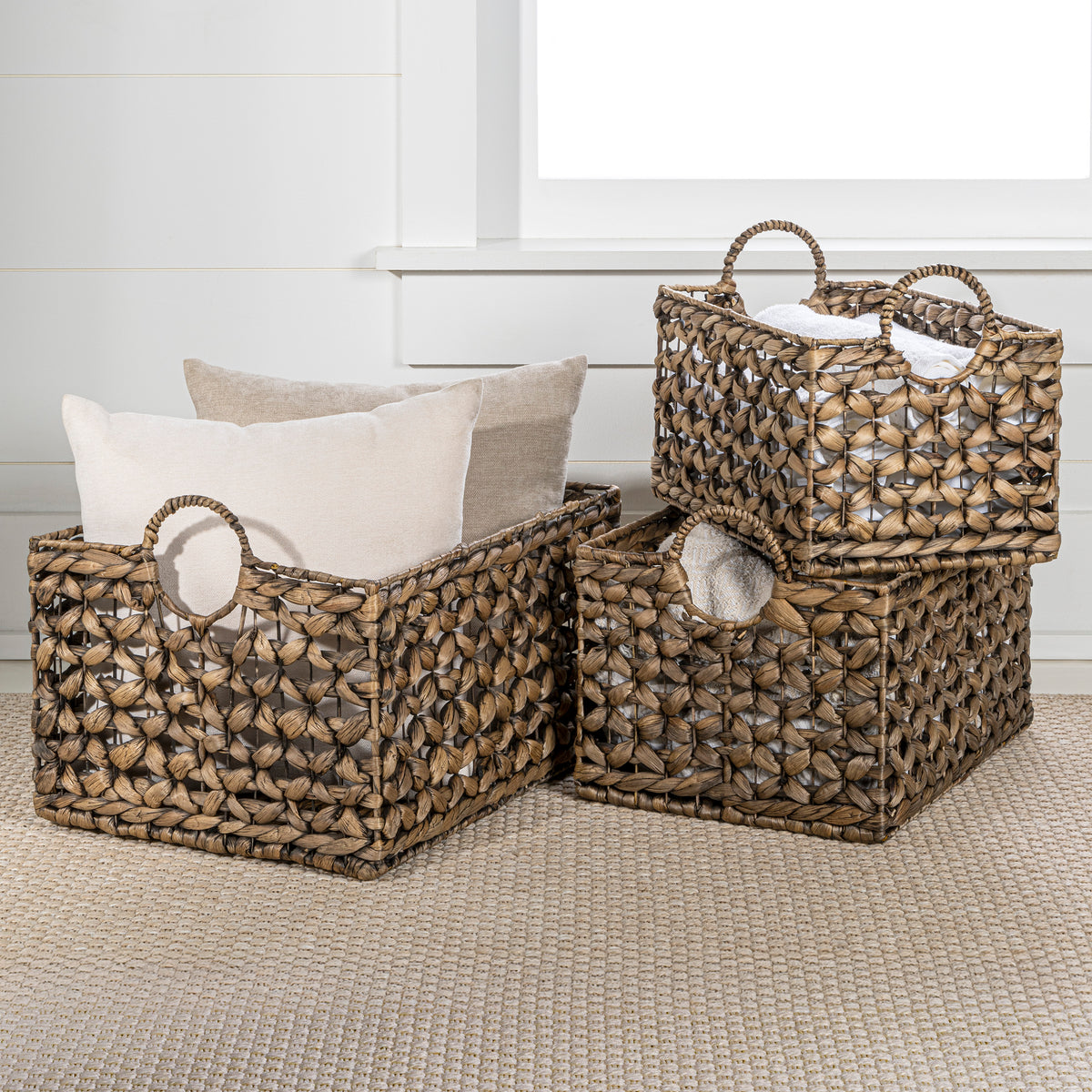 Quinn Bohemian Cottage Woven Hyacinth Rectangular Storage Baskets with Handles