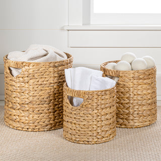 Ash Bohemian Cottage Handwoven Hyacinth Cylinder Nesting Baskets with Handles