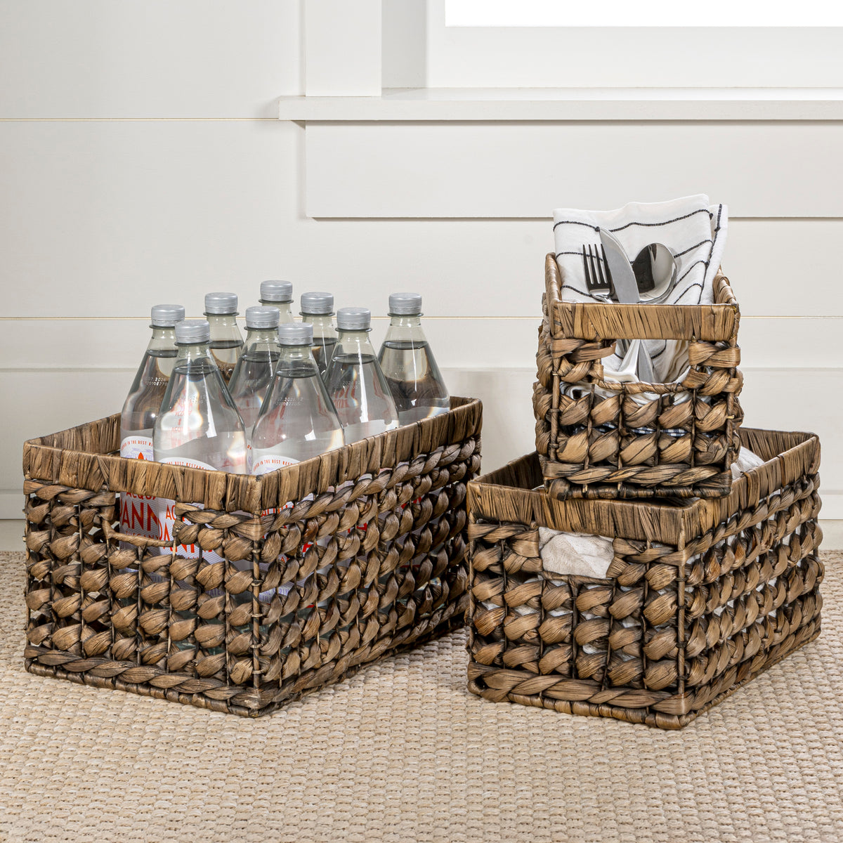 Sterling Bohemian Cottage Handwoven Hyacinth Rectangular Nesting Baskets with Handles