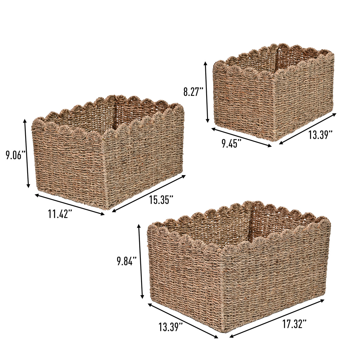 Haven Coastal Cottage Seagrass Scalloped Rectangular Organizing Storage Baskets