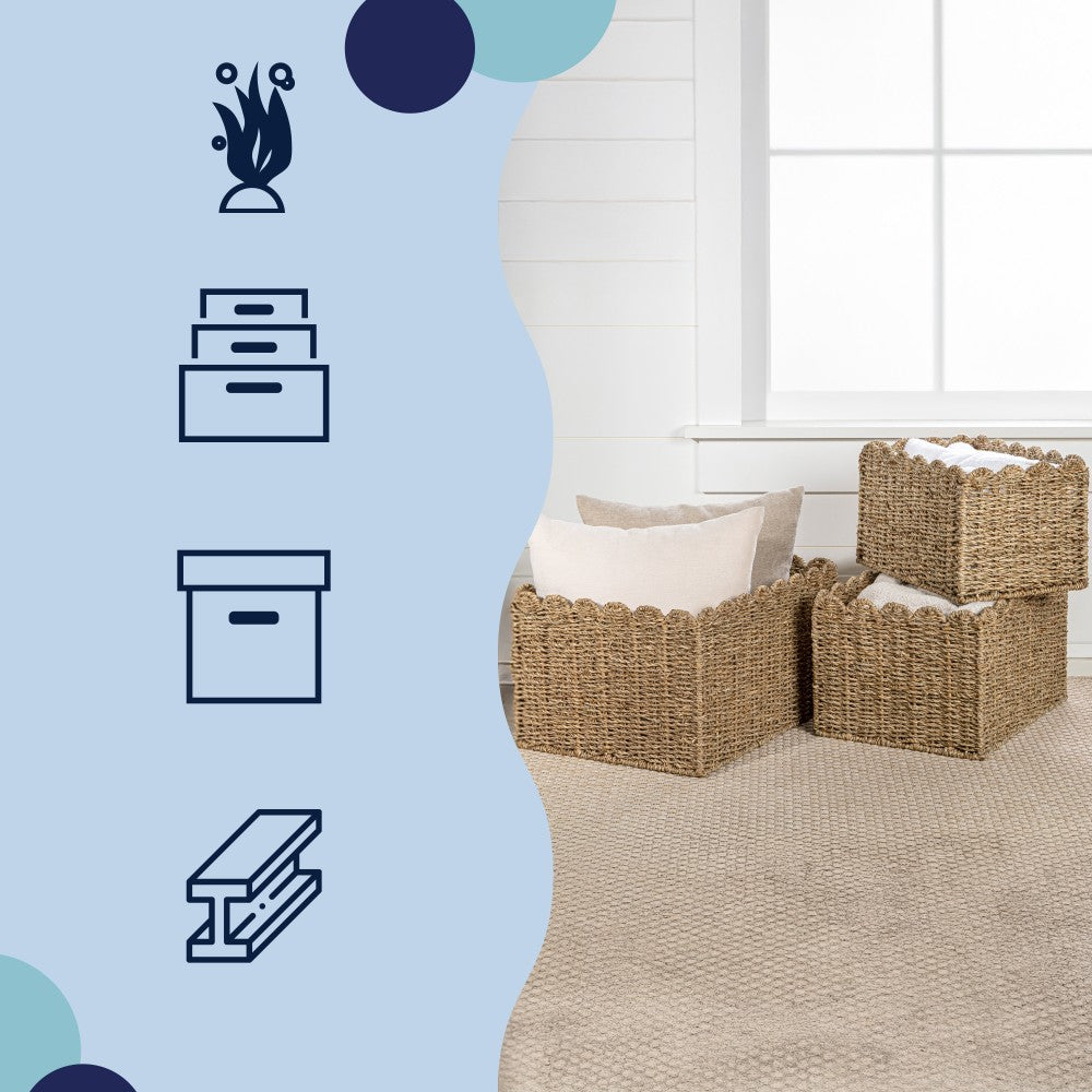 Haven Coastal Cottage Seagrass Scalloped Rectangular Organizing Storage Baskets
