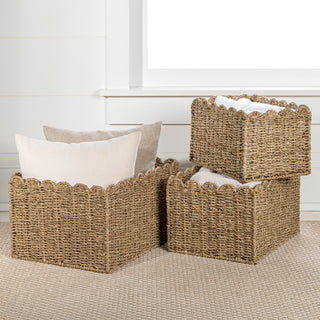 Haven Coastal Cottage Seagrass Scalloped Rectangular Organizing Storage Baskets