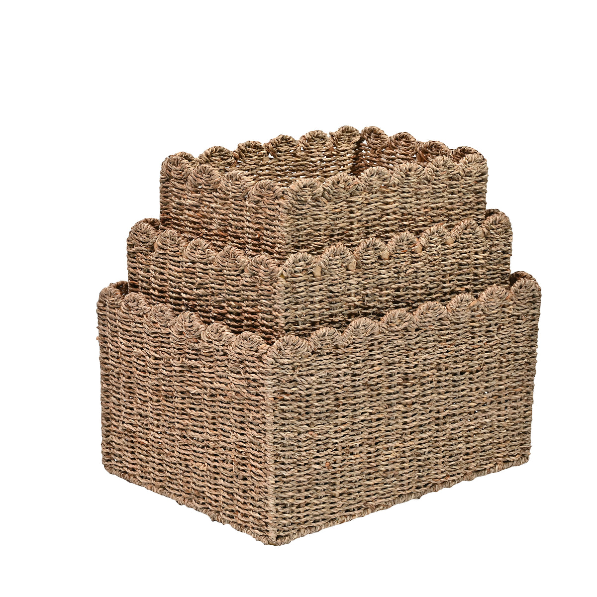 Haven Coastal Cottage Seagrass Scalloped Rectangular Organizing Storage Baskets