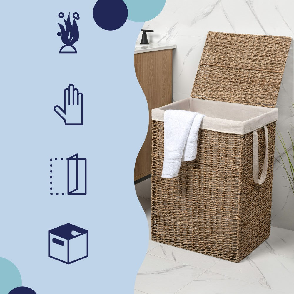 Sylven Coastal Bohemian Handwoven Seagrass Laundry Hamper 85L (22.5 Gallon) with Lid and Removable Liner