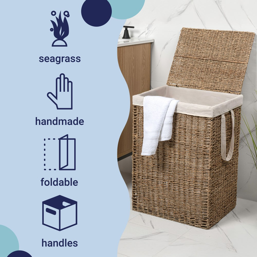 Sylven Coastal Bohemian Handwoven Seagrass Laundry Hamper 85L (22.5 Gallon) with Lid and Removable Liner