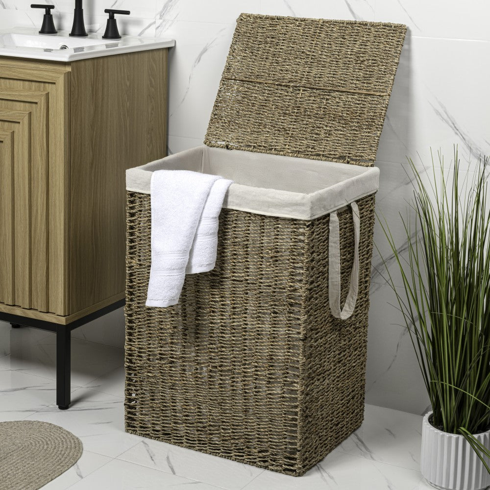 Sylven Coastal Bohemian Handwoven Seagrass Laundry Hamper 85L (22.5 Gallon) with Lid and Removable Liner